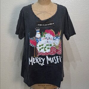 A‎ Rare Bird Women L/XL Merry Misfit Graphic Distressed Black Rhinestone Tee NWT